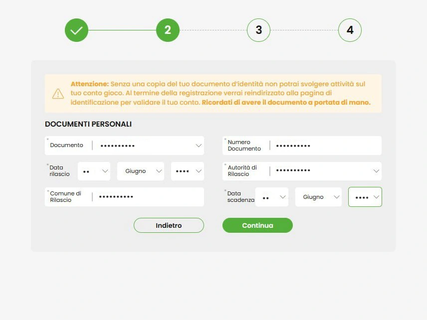 Modulo per tipo documento, numero, date di rilascio e autorità di rilascio
