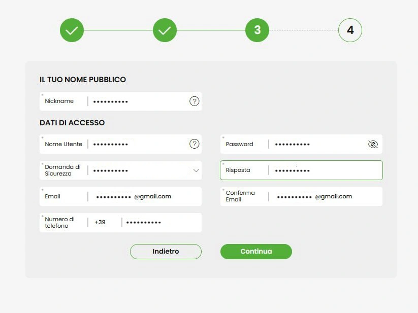 Modulo con campi per nickname, nome utente, password e numero di telefono