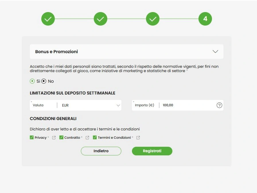 Sezione bonus, limite di deposito in euro e caselle di accettazione condizioni